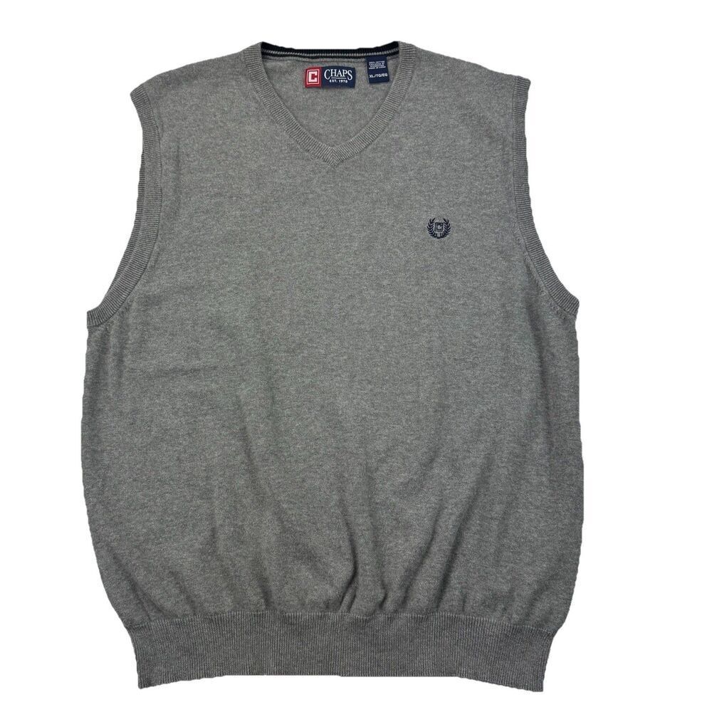 Chaps Sweater Vest Mens XL Gray V Neck Cotton Knit Preppy Logo Pullover
